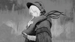 Rule 34 | 1girl, artist name, bloodborne, closed eyes, closed mouth, creature, doll joints, fingerless gloves, flower, from side, gloves, gradient background, greyscale, hat, hat flower, highres, hug, joints, l aciel, long sleeves, monochrome, parted bangs, plain doll, short hair, slug, solo, upper body, watermark, web address