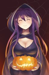 Rule 34 | 1girl, ^ ^, breasts, cleavage, closed eyes, commentary, doki doki literature club, english commentary, facing viewer, hair between eyes, halloween, highres, holding food, holding pumpkin, holding vegetable, hood, hood up, hooded robe, jack-o&#039;-lantern, large breasts, long hair, nail polish, pumpkin, purple hair, purple nails, robe, silk, simple background, smile, solo, spider web, spiffydc, twitter username, vegetable, wide sleeves, yuri (doki doki literature club)