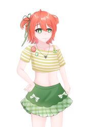 Rule 34 | 1girl, absurdres, belly, clothes pin, clover (flower), commission, flower, fuyo cloverfield, green eyes, hair ribbon, heart, highres, idol corp, jewelry, navel, necklace, nose, pink hair, ribbon, shirt, short hair, skirt, thighs, virtual youtuber, white background