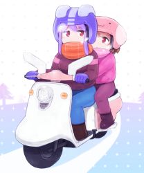 Rule 34 | 2girls, alternate costume, bicycle, bicycle helmet, boots, brown coat, brown hair, coat, commentary, gloves, helmet, inaba tewi, multiple girls, pants, pink coat, purple gloves, purple hair, red eyes, reisen udongein inaba, riding, scarf, shirosato, touhou, winter clothes