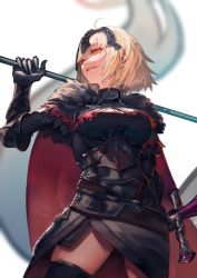 Rule 34 | 1girl, ahoge, armor, armored dress, black dress, breasts, cape, chain, commentary request, dress, fate/apocrypha, fate/grand order, fate (series), flag, fur-trimmed cape, fur collar, fur trim, gauntlets, headpiece, highres, jeanne d&#039;arc (fate), jeanne d&#039;arc alter (avenger) (fate), jeanne d&#039;arc alter (fate), large breasts, short hair, silver hair, solo, sword, thighhighs, ukimesato, weapon, yellow eyes