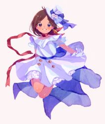 Rule 34 | 1girl, ace attorney, alternate costume, blue eyes, blush, bow, brown hair, diamond earrings, dress, earrings, frills, full body, gloves, hat, jewelry, koteko (chop of toilet), looking at viewer, mini hat, mini top hat, red scarf, ribbon, scarf, short hair, simple background, smile, solo, top hat, trucy wright, white dress, white gloves, white hat