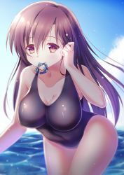 Rule 34 | 1girl, adjusting hair, ame wa a ga tsutano?, bare arms, bare shoulders, blurry, breasts, brown eyes, brown hair, cloud, collarbone, cowboy shot, day, depth of field, eyebrows, hair between eyes, hair tie, large breasts, leaning forward, long hair, looking at viewer, matching hair/eyes, mouth hold, ocean, one-piece swimsuit, original, outdoors, sky, solo, swimsuit, water