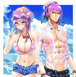Rule 34 | 1boy, 1girl, :p, abs, bad id, bad pixiv id, bikini, bow, bracelet, breasts, brother and sister, cleavage, crescent, cutoffs, glasses, hair bow, hat, highres, jewelry, large breasts, long hair, mob cap, muscular, navel, necklace, o-ring, o-ring top, patchouli knowledge, purple hair, purple theme, red eyes, shiny skin, shirt, short shorts, shorts, siblings, skindentation, smile, star destroyer (pixiv), swimsuit, tongue, tongue out, touhou, v, wet, wet clothes, wet shirt