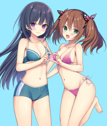 Rule 34 | 2girls, :d, bare arms, bare legs, bare shoulders, barefoot, bikini, black hair, blue background, blue bikini, blush, breasts, brown hair, butterfly hair ornament, cleavage, closed mouth, collarbone, commentary request, copyright request, front-tie bikini top, front-tie top, green eyes, groin, hair ornament, heart, heart hands, heart hands duo, large breasts, leg up, long hair, looking at viewer, medium breasts, multiple girls, navel, open mouth, purple bikini, purple eyes, side-tie bikini bottom, sidelocks, simple background, smile, stomach, swimsuit, thighs, twintails, yuuki rika