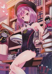 Rule 34 | 1girl, absurdres, armpits, automaton (object), bare shoulders, beret, book, book stack, bookshelf, bug, butterfly, buttons, colonel olcott (fate), dress, fate/grand order, fate (series), flat chest, floating, floating object, frills, globe, glowing, glowing eyes, hat, helena blavatsky (fate), highres, indoors, bug, looking at viewer, matsuryuu, purple eyes, purple hair, short dress, short hair, smile, strapless, strapless dress, table, thighs, sefirot
