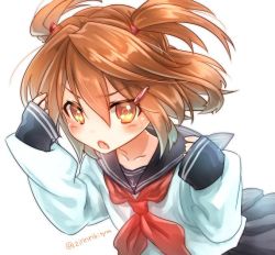 Rule 34 | 10s, 1girl, :o, alternate hairstyle, blush, brown hair, fang, hair ornament, hairclip, ikazuchi (kancolle), kantai collection, long sleeves, neckerchief, noguruma, open mouth, pleated skirt, school uniform, serafuku, short hair, simple background, skirt, sleeves past wrists, solo, twitter username, two side up, yellow eyes