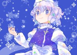 Rule 34 | 1girl, blue background, blue vest, closed mouth, hair between eyes, hat, itomugi-kun, juliet sleeves, lapel pin, letty whiterock, light purple hair, long sleeves, puffy sleeves, purple eyes, short hair, smile, snowflakes, solo, touhou, upper body, vest, white hat