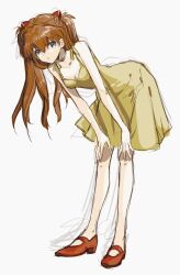 Rule 34 | 1girl, bare legs, bare shoulders, blue eyes, breasts, brown hair, choker, cleavage, dress, full body, hands on own knees, highres, interface headset, long hair, looking at viewer, medium breasts, neon genesis evangelion, red footwear, solo, souryuu asuka langley, sundress, two side up, unihotate0329, yellow dress