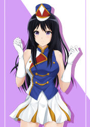 Rule 34 | 1girl, absurdres, band uniform, bare shoulders, black hair, breasts, clenched hand, closed mouth, commentary request, cowboy shot, gloves, gold trim, goshiki (cham darc), hands up, hat, hibike! euphonium, highres, kousaka reina, light smile, long hair, looking at viewer, marching band, medium breasts, miniskirt, pleated skirt, purple eyes, shako cap, shirt, skirt, sleeveless, sleeveless shirt, solo, white gloves, white skirt
