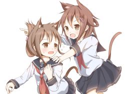 Rule 34 | 10s, 2girls, anchor symbol, animal ears, black skirt, brown hair, cat ears, cat tail, flying sweatdrops, folded ponytail, ging1993, hair ornament, hairclip, highres, ikazuchi (kancolle), inazuma (kancolle), kantai collection, kemonomimi mode, long sleeves, multiple girls, neckerchief, open mouth, pleated skirt, red neckerchief, school uniform, serafuku, short hair, simple background, skirt, tail, white background