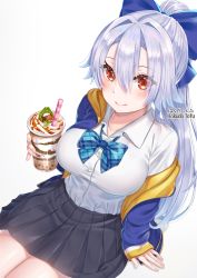 Rule 34 | 1girl, arm support, black skirt, blue bow, blue jacket, blue neckwear, blush, bow, breasts, closed mouth, collarbone, collared shirt, commentary request, cup, disposable cup, dress shirt, drinking straw, fate/grand order, fate (series), food, from above, hair between eyes, hair bow, hakuda tofu, hand up, highres, holding, jacket, large breasts, long hair, long sleeves, looking at viewer, miniskirt, nail polish, off-shoulder jacket, off shoulder, open clothes, open jacket, pink nails, plaid neckwear, pleated skirt, ponytail, red eyes, school uniform, shirt, silver hair, simple background, sitting, skirt, sleeves past wrists, smile, solo, tomoe gozen (fate), white background, white shirt