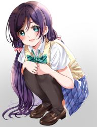 Rule 34 | 1girl, aqua eyes, black thighhighs, blue skirt, bow, brown footwear, closed mouth, commentary, eneco, gradient background, green bow, hair ornament, hair scrunchie, highres, lips, loafers, long hair, looking at viewer, love live!, love live! school idol project, low twintails, otonokizaka school uniform, purple hair, school uniform, scrunchie, shoes, short sleeves, skirt, smile, solo, squatting, striped, striped bow, sweater vest, thighhighs, tojo nozomi, twintails, white background, zettai ryouiki