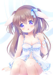 Rule 34 | 1girl, animal ears, babydoll, blue babydoll, breasts, brown hair, chiika (cure cherish), cleavage, commentary request, commission, hair ribbon, hand on own chest, long hair, medium breasts, open mouth, original, pixiv commission, purple eyes, rabbit ears, ribbon, sitting, solo, two side up, underwear, underwear only