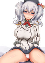 Rule 34 | 10s, 1girl, anchor, blue eyes, breasts, clothes lift, female focus, hat, heart, heart-shaped pupils, highres, kantai collection, kashima (kancolle), large breasts, long hair, looking at viewer, panties, ponponmaru, silver hair, simple background, skirt, skirt lift, smile, solo, sweat, symbol-shaped pupils, thighs, twintails, underwear, white background, white panties