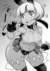 Rule 34 | 1girl, areola slip, bob cut, breasts, cat girl, claws, collar, crop top, fangs, fingerless gloves, gloves, greyscale, heart, highres, japanese text, large breasts, monochrome, ms. fortune (skullgirls), navel, neck bell, oomaeda, open mouth, paw pose, scar, short hair, skullgirls, smile, solo, sparkle, thick thighs, thighhighs, thighs, underboob, white background, wide hips