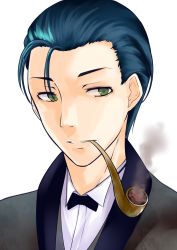 Rule 34 | 1boy, bad id, bad pixiv id, blue hair, bow, bowtie, fate/grand order, fate (series), green eyes, highres, male focus, smoking pipe, pipe in mouth, portrait, sherlock holmes (fate), simple background, smoking, solo, sorataro, teeth, white background