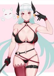 Rule 34 | 1girl, :&gt;, aqua hair, bare shoulders, bikini, black bikini, black choker, black gloves, black horns, breasts, choker, cleavage, closed mouth, cosplay, cowboy shot, dragon horns, dzlily, facing viewer, fate/grand order, fate (series), gloves, gluteal fold, gradient hair, hair between eyes, halterneck, hand up, holding, holding sword, holding weapon, horns, jeanne d&#039;arc (alter swimsuit berserker), jeanne d&#039;arc (fate), jeanne d&#039;arc alter (fate), jeanne d&#039;arc alter (swimsuit berserker) (fate), jeanne d&#039;arc alter (swimsuit berserker) (fate) (cosplay), katana, kiyohime (fate), large breasts, long hair, looking at viewer, multicolored hair, navel, o-ring, o-ring bottom, o-ring swimsuit, o-ring top, pink thighhighs, red eyes, silver hair, single thighhigh, skindentation, solo, swimsuit, sword, thigh gap, thighhighs, two-tone hair, very long hair, weapon