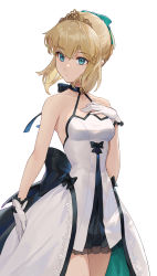 Rule 34 | 1girl, absurdres, artoria pendragon (all), artoria pendragon (fate), bare shoulders, black bow, blonde hair, blue eyes, bow, breasts, choker, closed mouth, collarbone, cotta (heleif), crown, dress, fate/grand order, fate/stay night, fate (series), gloves, gold, green bow, hair between eyes, hair bow, hair ornament, hands on own breasts, highres, jewelry, ribbon choker, saber (fate), saber lily, short hair, simple background, sleeveless, small breasts, solo, standing, upper body, white background, white dress, white gloves