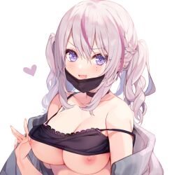 Rule 34 | 1girl, bare shoulders, black camisole, black choker, black shirt, blush, braid, breasts, camisole, choker, cleavage, clothes lift, collarbone, commentary request, ear piercing, earrings, fang, grey hair, grey jacket, hair between eyes, hand up, heart, heart-shaped pupils, jacket, jewelry, large breasts, lifted by self, looking at viewer, mask, mask pull, medium hair, mole, mole under eye, mouth mask, multicolored hair, naughty face, nipples, no bra, off shoulder, open mouth, original, p (p25234112), piercing, pink hair, purple eyes, shirt, shirt lift, side braid, sidelocks, simple background, skin fang, sleeveless, sleeveless shirt, smile, solo, spaghetti strap, strap slip, streaked hair, stud earrings, symbol-shaped pupils, twintails, upper body, v-shaped eyebrows, wavy hair, white background