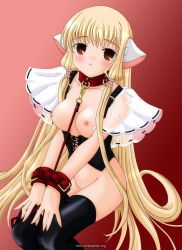 Rule 34 | 00s, 1girl, bdsm, blonde hair, blush, breasts, chii, chobits, corset, count zero, jpeg artifacts, large breasts, leash, long hair, nipples, nude, red eyes, solo, thighhighs, watermark