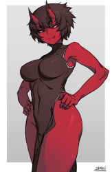 Rule 34 | 1girl, bare arms, bare shoulders, black dress, black hair, breasts, closed mouth, colored skin, covered navel, dress, fang, fang out, hands on own hips, horns, kidouko (zakusi), large breasts, looking at viewer, oni, oni horns, orange eyes, original, pelvic curtain, red oni, red skin, short hair, side slit, smile, solo, turtleneck, turtleneck dress, zakusi