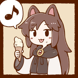 Rule 34 | 1girl, :3, animal ears, black border, black eyes, border, brooch, brown hair, dress, food, food on face, highres, holding, holding food, ice cream, ice cream cone, imaizumi kagerou, jewelry, long hair, long sleeves, looking at viewer, musical note, poronegi, simple background, smile, solid oval eyes, solo, spoken musical note, tongue, tongue out, touhou, upper body, white dress, wide sleeves, wolf ears