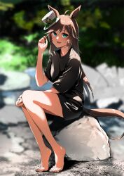 Rule 34 | 1girl, absurdres, ahoge, animal ears, bare legs, barefoot, black shirt, blue eyes, blurry, blurry background, bow, brown hair, commentary request, depth of field, feet, full body, green bow, hair between eyes, hand up, hat, hat bow, highres, horse ears, horse girl, horse tail, kakuteru sudachi, legs, long hair, looking at viewer, mini hat, mini top hat, mr. c.b. (umamusume), shirt, short sleeves, sitting, solo, tail, tilted headwear, tiptoes, toenails, toes, top hat, umamusume, very long hair, white hat