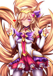 Rule 34 | 1girl, ;d, ahri (league of legends), animal ears, breasts, cleavage, commentary, detached sleeves, double m/, fi-san, fox ears, fox girl, frilled skirt, frills, hairband, heart, highres, league of legends, light brown hair, long hair, looking at viewer, m/, magical girl, multiple tails, nail polish, one eye closed, open mouth, pantyhose, purple eyes, simple background, skirt, smile, solo, star guardian (league of legends), star guardian ahri, tail, white background, white pantyhose