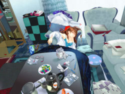 Rule 34 | 1girl, bad id, bad pixiv id, blurry, breasts, brown hair, chair, couch, drooling, covered erect nipples, glasses, long hair, medium breasts, messy room, original, pen, sleeping, solo, strap slip, teapot, tissue, tissue box, yadapot