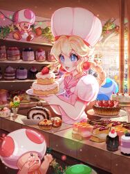Rule 34 | 1girl, absurdres, blonde hair, blue eyes, blue toad (mario), blush, braid, cake, cake slice, chef hat, christmas lights, christmas ornaments, dress, earrings, food, fruit, green toad (mario), hair between eyes, hat, highres, holding, holding plate, indoors, jewelry, long hair, mario (series), mushroom bread, neckerchief, nintendo, official alternate costume, open mouth, pastry, patissiere peach, pink dress, pink neckerchief, plate, princess peach, princess peach: showtime!, puffy short sleeves, puffy sleeves, red toad (mario), short sleeves, sidelocks, sphere earrings, star-shaped pupils, star (symbol), strawberry, symbol-shaped pupils, toad (mario), white headwear