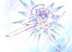 Rule 34 | 1girl, bare shoulders, blue eyes, blush, braid, breasts, choujigen game neptune the animation, cleavage, elbow gloves, full body, gloves, holding, holding weapon, logo, long hair, looking at viewer, medium breasts, navel, neptune (series), official art, open mouth, power symbol, power symbol-shaped pupils, purple hair, purple heart (neptunia), revealing clothes, shiny clothes, shiny skin, simple background, stomach, symbol-shaped pupils, thighhighs, tsunako, twintails, weapon, white gloves
