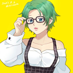 Rule 34 | 1girl, alternate costume, bare shoulders, blue eyes, chibi, chiimako, glasses, gloves, gnosia, green hair, lipstick, looking at viewer, makeup, pink lips, shirt, short hair, simple background, solo, stella (gnosia), white shirt, yellow background
