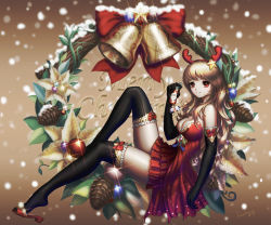 Rule 34 | 1girl, acorn, antlers, artist name, bare shoulders, bell, black gloves, black thighhighs, blonde hair, bow, breasts, brown background, christmas, christmas ornaments, cleavage, closed mouth, dress, elbow gloves, eyeliner, fake antlers, frilled thighhighs, frills, from side, full body, gloves, gradient background, hair ornament, hairband, holding, horns, knee up, leaf, lens flare, long hair, looking at viewer, looking to the side, lucky9, makeup, merry christmas, original, pleated dress, pom pom (clothes), red bow, red dress, red eyes, red footwear, sandals, santa costume, shoe dangle, shoes, short dress, signature, sitting, smile, snow, snowing, solo, sparkle, star (symbol), star hair ornament, strapless, strapless dress, thighhighs, wreath, zettai ryouiki