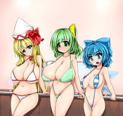 Rule 34 | 3girls, bad id, bad pixiv id, bikini, blonde hair, blue eyes, blue hair, breasts, cirno, cleavage, daiyousei, embarrassed, green eyes, green hair, hair ribbon, hat, huge breasts, hydrant (kasozama), ice, ice wings, large breasts, lily white, long hair, multiple girls, oppai loli, partially visible vulva, ribbon, short hair, side ponytail, slingshot swimsuit, smile, string bikini, sweat, swimsuit, thong bikini, touhou, wings