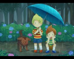 Rule 34 | 0mzum1, 2boys, blonde hair, blue eyes, blue flower, blue footwear, blue shirt, blue shorts, blue umbrella, blush, boney, brothers, brown hair, brown shorts, bush, claus (mother 3), closed mouth, commentary request, dirt, dog, expressionless, flower, forest, hands up, highres, holding, holding umbrella, hydrangea, letterboxed, looking at viewer, lucas (mother 3), male focus, mother (game), mother 3, motion lines, multiple boys, nature, nintendo, one eye closed, open mouth, outdoors, parted bangs, pink flower, puddle, quiff, rain, red footwear, red shirt, shirt, shoes, short hair, short sleeves, shorts, siblings, sitting, socks, squatting, striped clothes, striped shirt, t-shirt, tongue, tongue out, tree, two-tone shirt, umbrella, white socks, yellow shirt