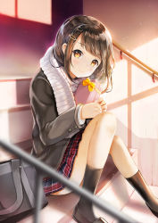 Rule 34 | 1girl, bag, black socks, blue skirt, blurry, brown eyes, brown hair, closed mouth, coat, depth of field, gift, hair ornament, hairclip, highres, holding, holding gift, indoors, kneehighs, loafers, long hair, looking at viewer, original, plaid, plaid skirt, pleated skirt, red skirt, ribbed sweater, school, school bag, shade, shoes, sibyl, sitting, sitting on stairs, skirt, smile, socks, solo, stairs, striped clothes, striped skirt, sweater, swept bangs, turtleneck, turtleneck sweater, valentine