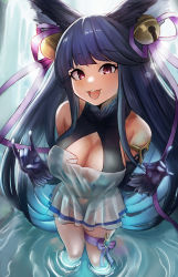 Rule 34 | 1girl, :3, absurdres, animal ears, bell, breasts, cleavage, dnumde, dress, fox ears, gloves, granblue fantasy, hair bell, hair ornament, hair ribbon, halterneck, highres, long hair, red eyes, ribbon, see-through, short dress, smile, sweat, tagme, thigh strap, thighs, water, wet, wet clothes, yuel (granblue fantasy)