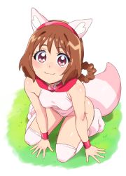 Rule 34 | 1girl, :3, animal ears, blush, breasts, brown hair, cosplay, delicious party precure, fox ears, fox tail, hair rings, hanamichi ran, headband, highres, kneeling, kome-kome (precure), kome-kome (precure) (cosplay), leotard, looking at viewer, open mouth, pink leotard, precure, red eyes, sakecho, short hair, small breasts, smile, solo, tail, thighhighs, wristband