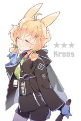 Rule 34 | 1girl, ahoge, animal ears, arknights, black jacket, black shorts, blue gloves, bow, character name, commentary, cowboy shot, closed eyes, gloves, green bow, green shirt, hair bow, hair ornament, hairclip, highres, holding, hoshitabell, jacket, kroos (arknights), open clothes, open jacket, orange hair, rabbit ears, shirt, short hair, short twintails, shorts, simple background, smile, solo, twintails, white background