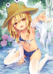 Rule 34 | 1girl, :d, arm up, armpits, bikini, blonde hair, blush, breasts, brown eyes, day, detached sleeves, flower, hair over breasts, hat, hydrangea, kedama milk, moriya suwako, nipples, o-ring, o-ring bikini, open mouth, outdoors, outstretched arm, outstretched hand, partially submerged, pyonta, shirt, sitting, small breasts, smile, solo, swimsuit, thighhighs, touhou, untied bikini, wariza, water, waterfall, wet, wet clothes, wet shirt, white thighhighs, wide sleeves