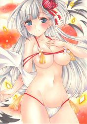 Rule 34 | 1girl, azur lane, bare shoulders, bikini, blue eyes, blush, breasts, closed mouth, collarbone, cowboy shot, eyeshadow, groin, hair ornament, hand on own chest, highres, large breasts, legs together, long hair, looking at viewer, makeup, marker (medium), mole, mole under eye, navel, one side up, saya pr, shoukaku (azur lane), silver hair, smile, solo, stomach, straight hair, swimsuit, tassel, traditional media, very long hair, white bikini