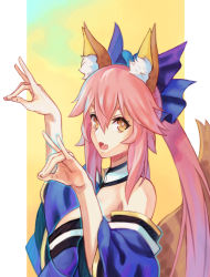 Rule 34 | 1girl, animal ear fluff, animal ears, bare shoulders, blue kimono, blue ribbon, breasts, detached sleeves, double fox shadow puppet, fang, fate/extella, fate/extra, fate/extra ccc, fate/grand order, fate (series), fox ears, fox girl, fox shadow puppet, fox tail, hair ribbon, highres, japanese clothes, kimono, large breasts, looking at viewer, looking to the side, open mouth, pink hair, ribbon, skin fang, solo, tail, tamamo (fate), tamamo no mae (fate/extra), ugo (artist), yellow eyes