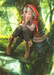 Rule 34 | 1girl, animal ears, black hair, blush, boots, brown footwear, cross-laced footwear, fire emblem, fire emblem cipher, fire emblem fates, grey hair, hood, hoodie, lace-up boots, leaf, long hair, marue, multicolored hair, nintendo, official art, open mouth, red eyes, sitting, solo, sparkle, tail, tree, two-tone hair, velouria (fire emblem), wolf ears, wolf tail