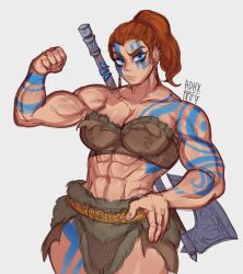 Rule 34 | 1girl, abs, axe, barbarian, biceps, blue eyes, bodypaint, crop top, earrings, facepaint, frown, hand on own hip, highres, jewelry, loincloth, looking at viewer, mdblues, midriff, muscular, muscular female, original, ponytail, red hair, signature, solo, weapon, weapon on back, white background