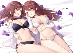 Rule 34 | 2girls, absurdres, black bra, black panties, blush, bra, breasts, brown hair, choker, cleavage, commentary request, from above, front-tie top, highres, idolmaster, idolmaster shiny colors, incest, kinako (shiratama mochi), long hair, long sleeves, looking at another, lying, medium breasts, multiple girls, navel, no pants, on back, open clothes, open mouth, open shirt, osaki amana, osaki tenka, panties, shirt, siblings, side-tie panties, sisters, smile, underwear, white bra, white panties, white shirt, yellow eyes