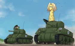 Rule 34 | 10s, alisa (girls und panzer), alisa (girls und panzer) (cosplay), big bird (sesame street), blonde hair, brown hair, cosplay, crossover, day, driving, emblem, girls und panzer, kakizaki (chou neji), kay (girls und panzer), kay (girls und panzer) (cosplay), long hair, m4 sherman, military, military vehicle, motor vehicle, no humans, oscar the grouch, outdoors, saunders (emblem), sesame street, short hair, short twintails, sky, tank, twintails