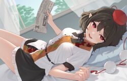 Rule 34 | 1girl, bed sheet, black hair, black skirt, blush, buttons, collared shirt, commentary request, curtains, fingernails, frilled skirt, frills, hair between eyes, hakurei reimu, hat, highres, holding, holding newspaper, kanpa (campagne 9), looking at viewer, newspaper, on bed, open mouth, open window, pillow, pointy ears, pom pom (clothes), red eyes, red hat, shameimaru aya, shirt, short hair, short sleeves, skirt, smile, solo, tokin hat, touhou, white shirt, window