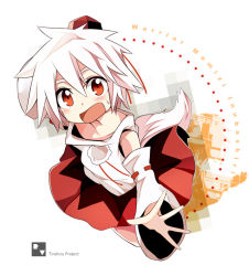 Rule 34 | 1girl, bare shoulders, blush, detached sleeves, female focus, from above, hat, inubashiri momiji, looking up, maturiuta sorato, open mouth, pom pom (clothes), red eyes, short hair, solo, tail, tokin hat, touhou, white hair, wolf tail