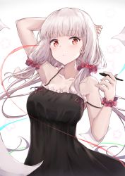 Rule 34 | 1girl, arm behind head, arm up, armpits, bare arms, bare shoulders, black dress, blunt bangs, blush, breasts, collarbone, commentary request, dress, frilled dress, frills, hair ornament, hair scrunchie, hakuya (white night), highres, holding, holding pen, long hair, looking at viewer, low twintails, medium breasts, original, paper, pen, red eyes, scrunchie, silver hair, sleeveless, sleeveless dress, smile, solo, spaghetti strap, star (symbol), strap slip, twintails, upper body, very long hair, wrist scrunchie